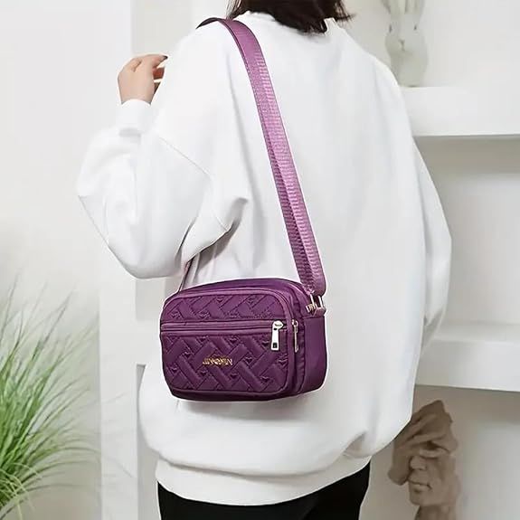 Quilted Crossbody Bags for Women - Oxford Cloth Multi-Layer Shoulder Handbag with Wide Strap -Casual Embroidery Business Bag