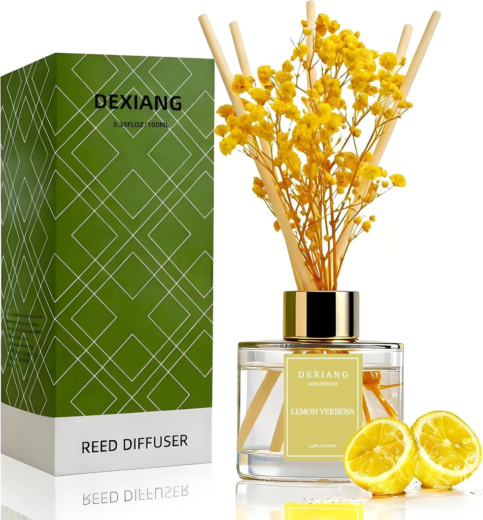 Reed Diffuser Set - 3.38 fl oz Lemon Verbena Premium Scented Oil with Preserved Baby's Breath & Cotton 6 Sticks | Long-Lasting Aromatherapy for Home, Bedroom, Bathroom, Office Home Decor