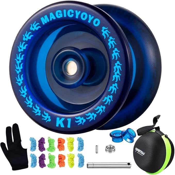 Responsive Yoyo K1 Tug Return Yo yo, Hubstacks Yo-yo for Kids Beginners Dual Purpose Yo Yo with Unresponsive Bearing, Storage Bag + 12 Strings +Yo-Yo Glove +2 Yo yo Hubstacks (Dark Blue)