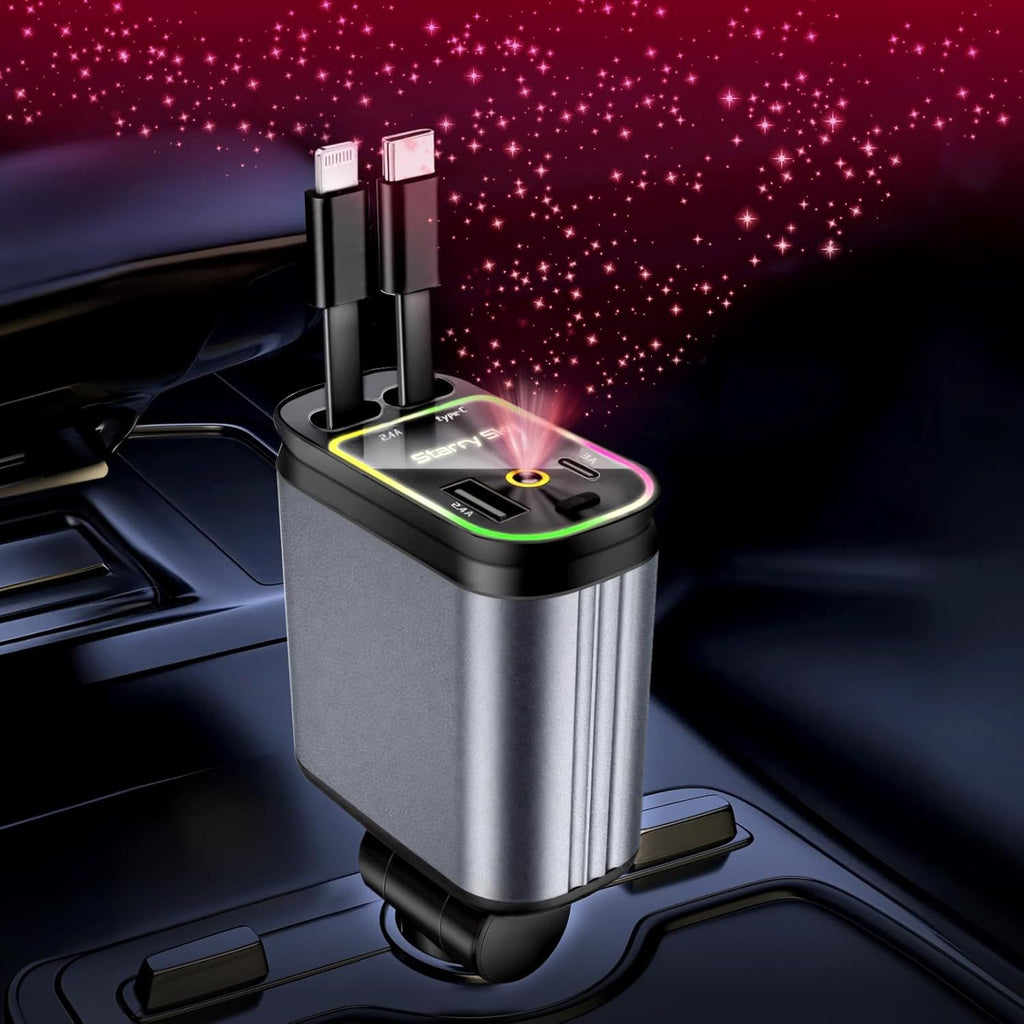 Retractable Car Charger, 4 in 1 Fast Charging Car Charger USB-C & USB-A Compatible with iPhone 16/15/14/13/12/11,Galaxy,Pixel