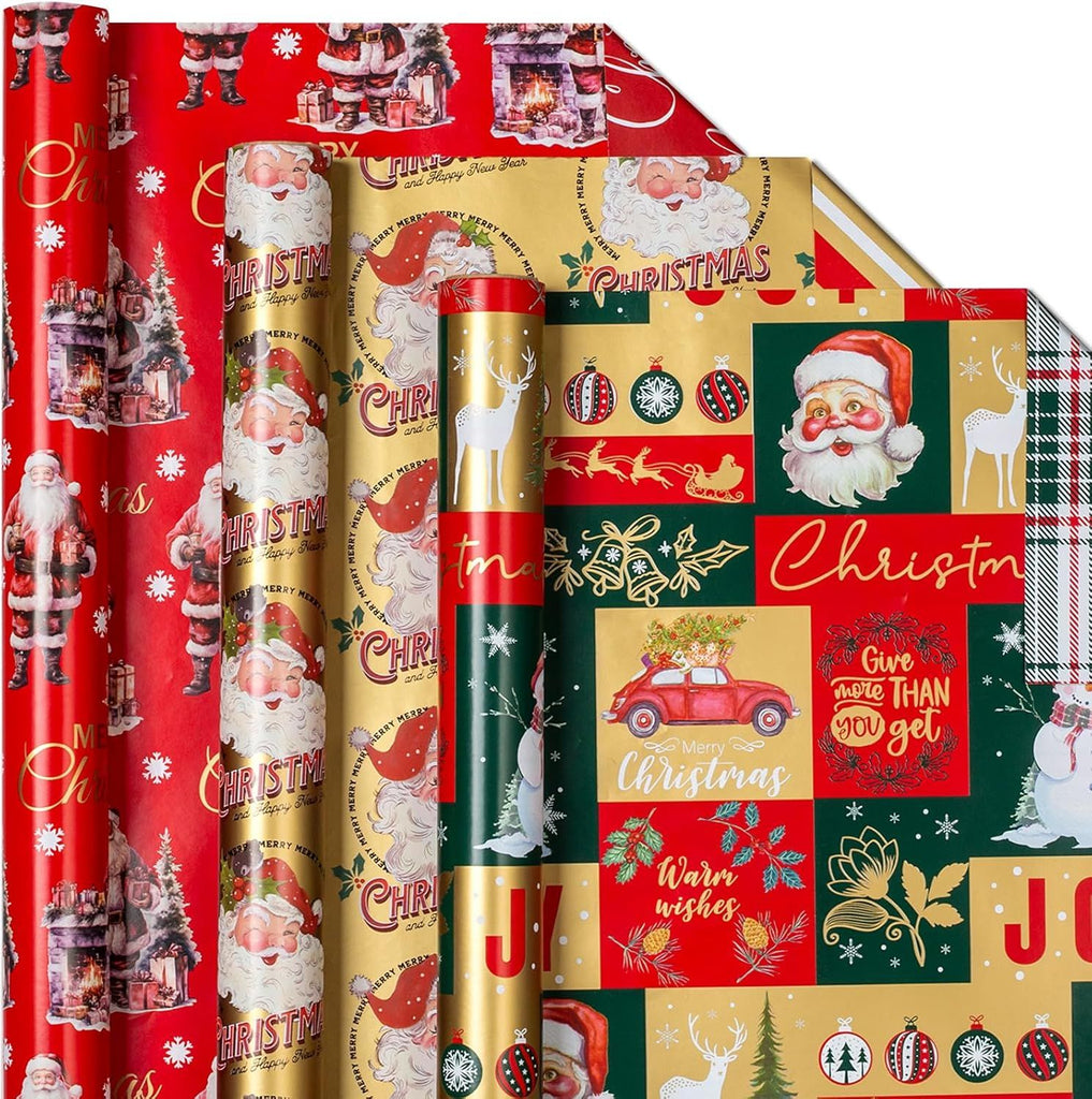Reversible Christmas Wrapping Paper Rolls - 17" X 120" Per Roll - Classic Vintage Funky Red Santa Claus Wrap Present Paper for Festive Celebrations