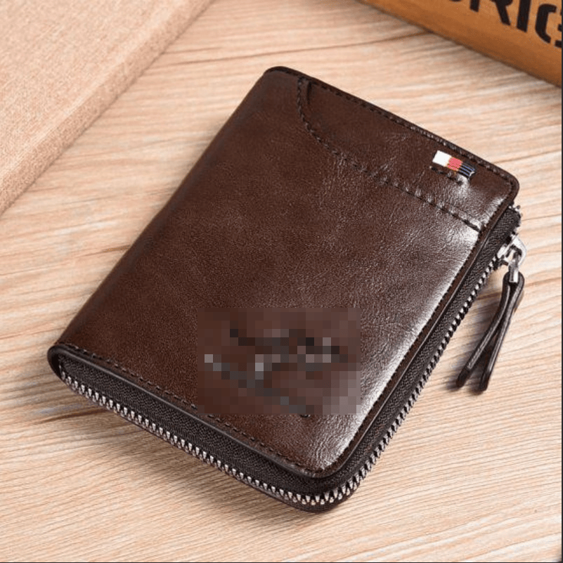 RFID Blocking Mini Zipper Card Wallet, Vintage Oil Wax Leather Credit Card Holder for Men