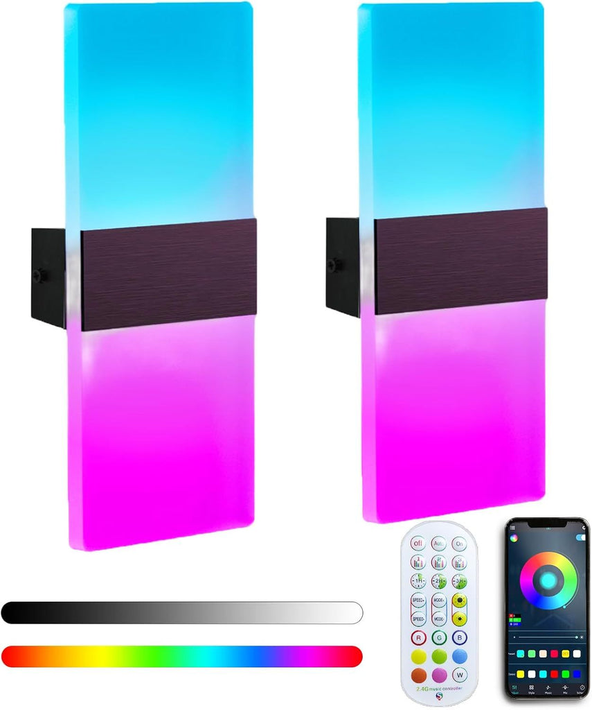 RGB Wall Sconces Set of 2, 16 Million Colors RGB Wall Lights, Dimmable Scone Lighting with Remote/APP Control, Modern Wall Mounted Scones for Bedroom Besides/Stairs/Hotel/Porch