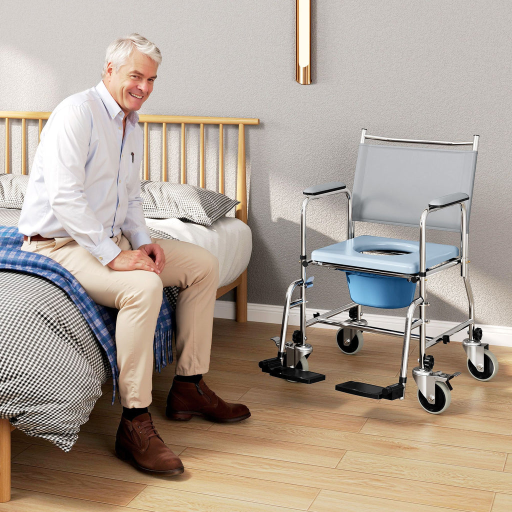 Rolling Shower Chair, Bedside Commode Wheelchair with Padded Seat, Backrest, for Seniors, Disabled, 300 lbs, Gray