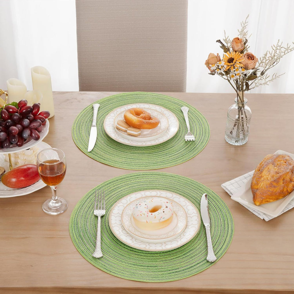 Round Placemats Set of 6 for Dining Tables 15 inch Cotton Braided Placemats Washable Reversible for Kitchen Holiday Party (Mixed Color Pea Green, 6)