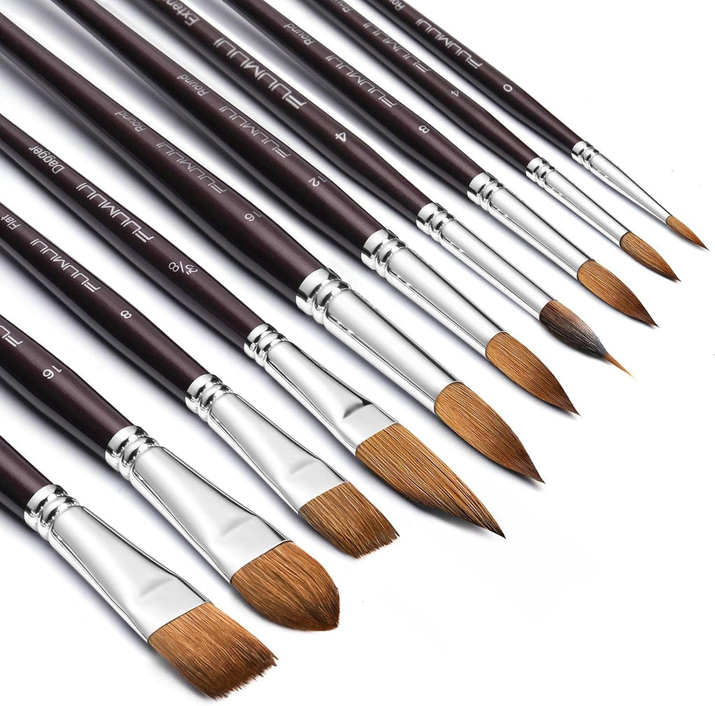 Sable Watercolor Brushes, Professional 10Pcs Sable Paint Brush Set Variety Shapes with Flats, Extended Needle Point, Dagger, Cat's Tongue, Rounds Perfect for Watercolor Acrylic Gouache Inks