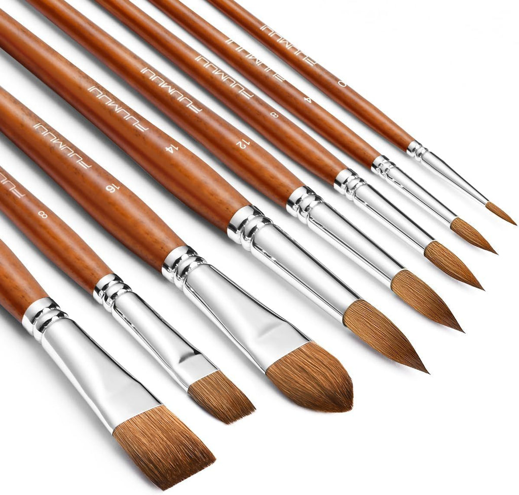 Sable Watercolor Brushes Professional, 8Pcs Sable Brush Set Variety Shapes with Flat, Round Pointed, Liner, Cat's Tongue Oval Wash Perfect for Watercolor Acrylic Gouache Inks Painting