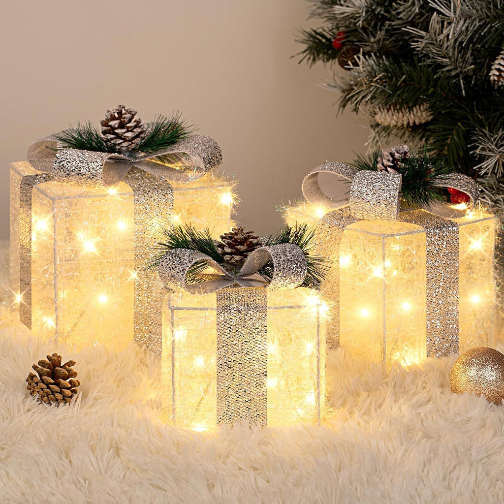Set of 3 Christmas Lighted Gift Boxes with Plug, Indoor Outdoor Christmas Decorations with 60 LED Warm White Mini String Lights, Present Boxes with Silver