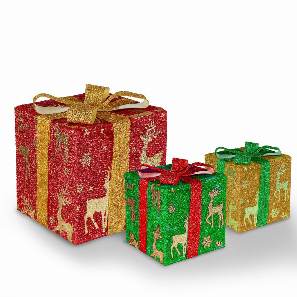 Set of 3 Christmas Lighted Gift Boxes Xmas Present Ornament 50 LED Christmas Box Decorations with Ribbon Bows IP44 Waterproof Battery Powered for Indoor Outdoor Decor