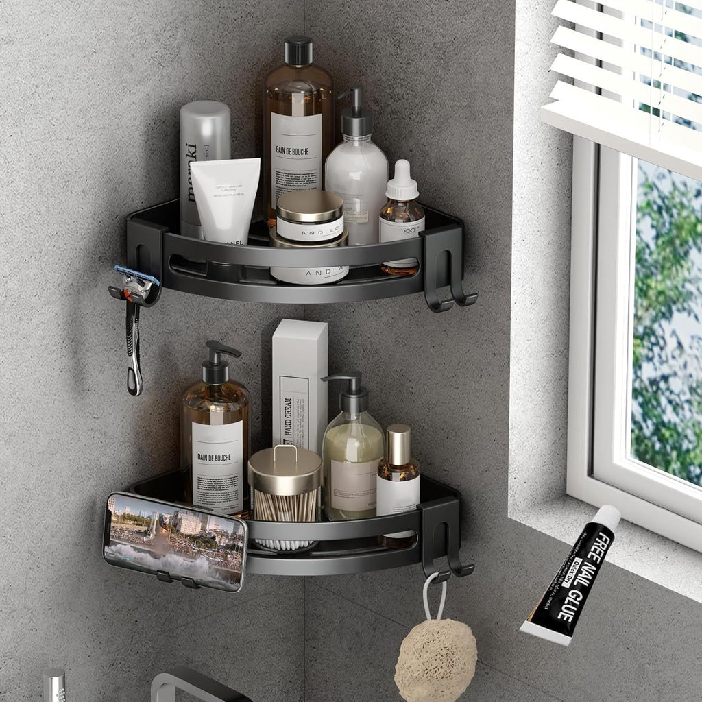 Shower Corner Shelf Caddy 2 Pack shower Organizer Corner No Drill Shower Storage Rust Proof Bathroom Corner Wall Shelf shampoo holder Silver