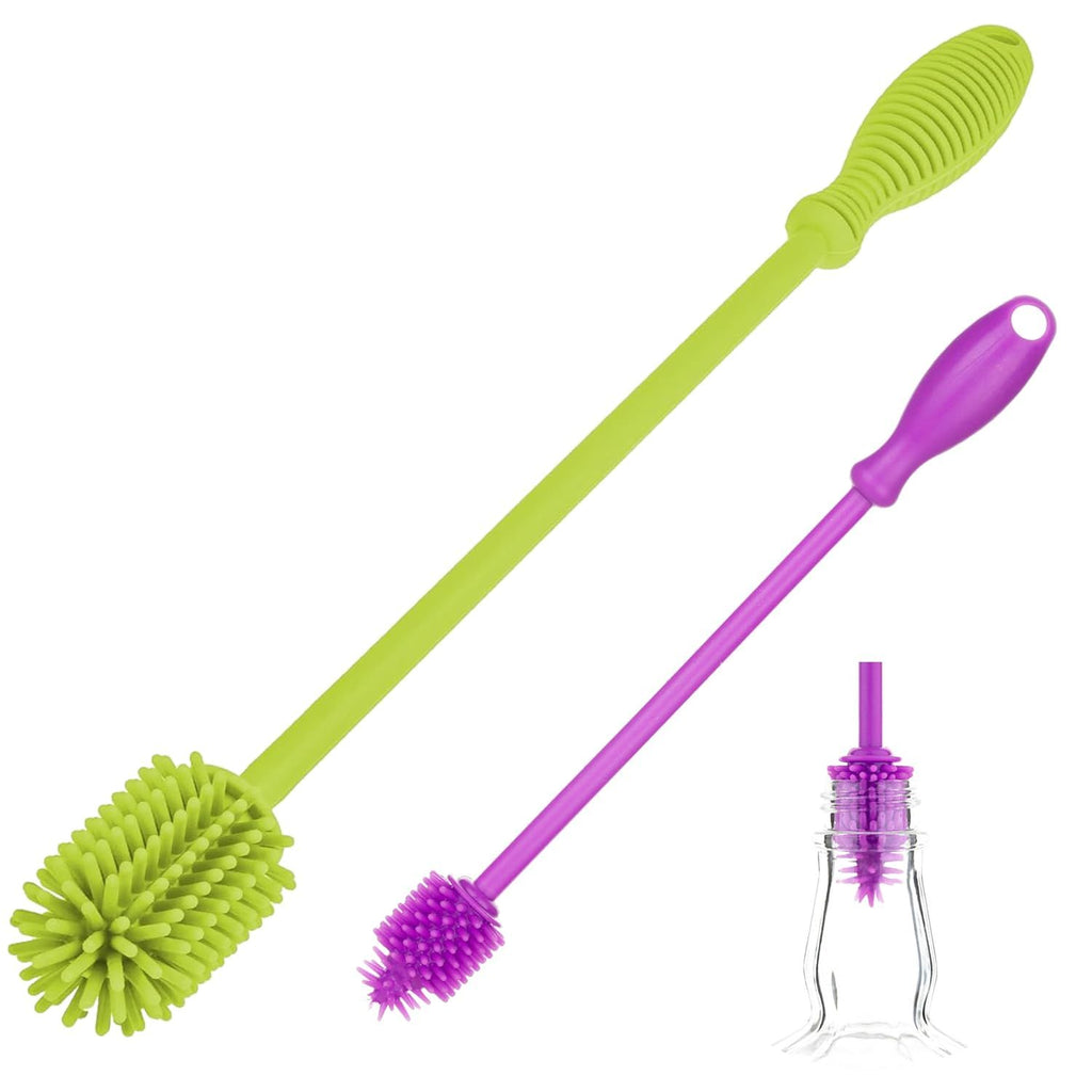 Silicone Bottle Cleaner Brush, 2 Piece Set, Flexible, Long Handle - Water Bottle Cleaner, Baby Bottle Nipple Brush for Plastic & Glass, BPA-Free Dish Washing Brush