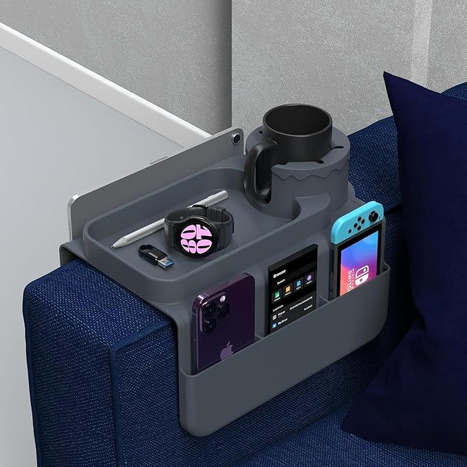 Silicone Couch Cup Holder, Anti-Spill Couch Arm Tray with Side Pockets, Sofa Armrest Tray, Couch Caddy for Drinks, Coffee, Snacks, Cellphone, Remote, Headphones, Glasses(Gray)