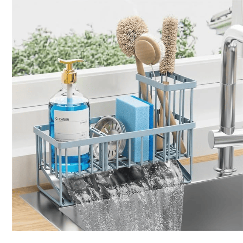 Sink Caddy Organzier with High Brush Holder, Sponge Holder for Sink, 304 Rustproof Stainless, Kitchen Countertop Soap Dispenser Organizer, Gray Blue Kitchen Decor and Accessories