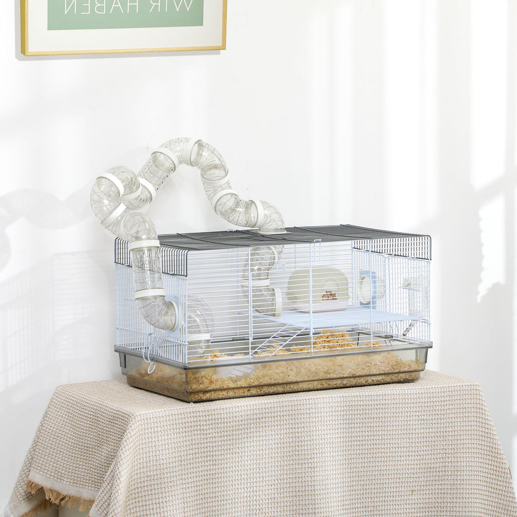 Small Animal Cage for Gerbil or Dwarf Hamster w/ Tubes, Exercise Wheel, Food Dish, Water Bottle, 23" x 13" x 12", Gray
