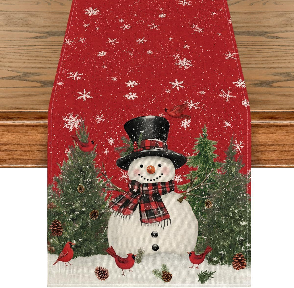 Snowman Christmas Birds Trees Table Runner, Seasonal Winter Xmas Holiday Kitchen Dining Table Decoration for Indoor Outdoor Home Party Decor 13 x 72 Inch