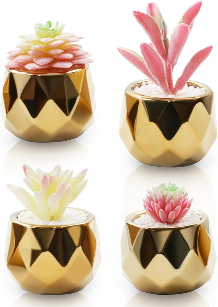 Succulents Plants Artificial in Pots-Pink with Golden Ceramic, Christmas Small Fake Succulents Plants for Home Decor Indoor Christmas Decor for Women, Set of 4, Gifts for Mom