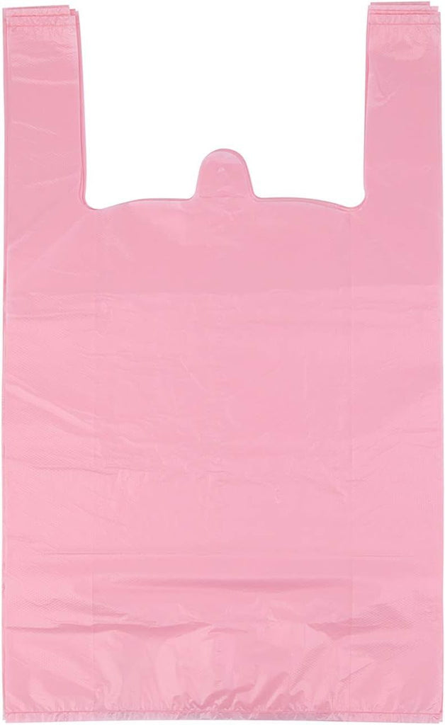 T Shirt Bags, Pink Plastic Bags with Handles for Grocery and Retail, Bolsas De Plastico Para Negocio, 12x20 Inches (50 pcs)