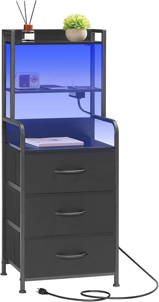 Tall Nightstand with Charging Station, LED Bedside Table with 3 Fabric Drawers and Open Shelves, USB-A, Type-C, 2 AC Outlets, Modern End Table for Bedroom, Black