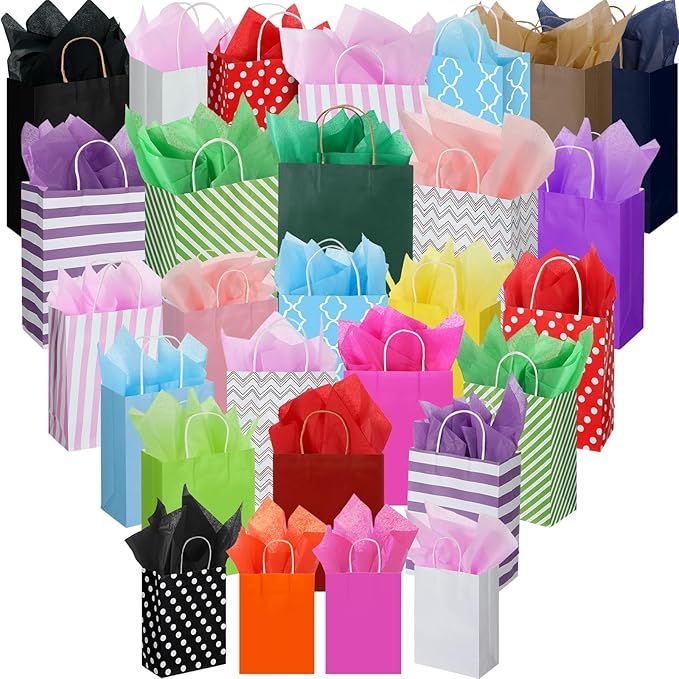 Tenceur 28 Pcs Gift Bags Assorted Sizes Bulk with 56 Tissues Papers Gift Bags with Handles for Birthday Christmas Party Favor Various Occasions, 8.3 in Small, 10.6 in Medium, 12.6 in Large(Stripes)