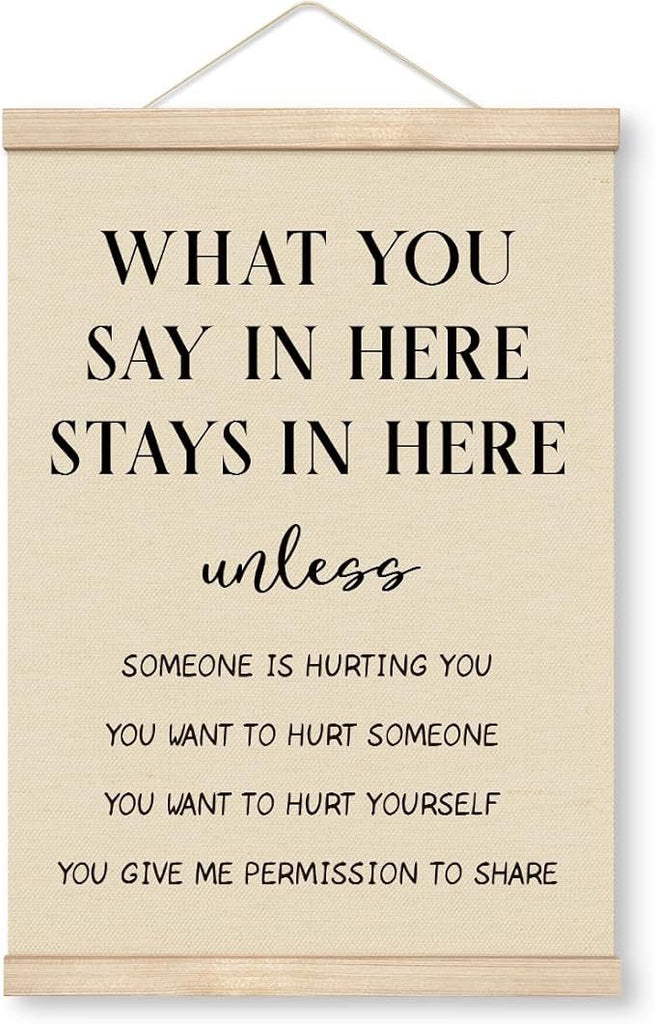 Therapy Decorations, Canvas Poster Wood Hanger, Therapy Room Door Hanger, Counseling Decor, Hanging Canvas Poster Decor for Psychologist Therapist Office, What You Say In Here Stays In Here Poster