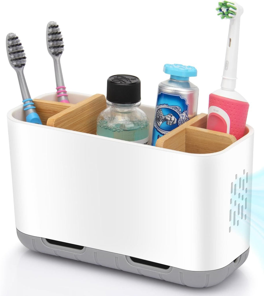 Toothbrush Holders for Bathrooms - Bamboo Divider Toothbrush and Toothpaste Holder with Drainage, Kids Electric Toothbrush Organizer for Bathroom Countertop, White Tooth Brush Holder
