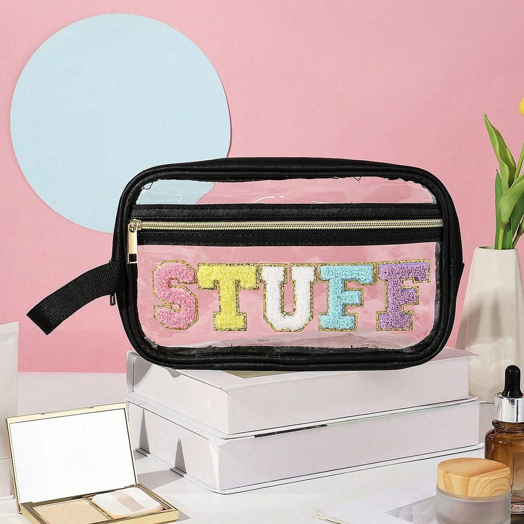 Transparent and visible makeup storage bag, colorful STUFF letters, waterproof and portable toiletry bag