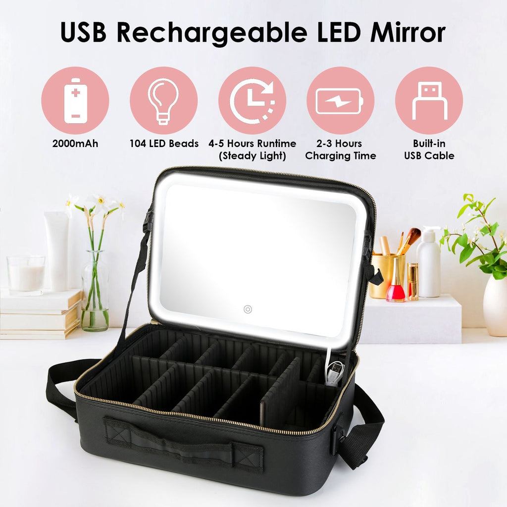 Travel Makeup Bag with LED Mirror Makeup Case Organizer with 3 Light Colors Adjustable Dividers Brush Holder Magnifying Mirror Dimmable USB Rechargeable