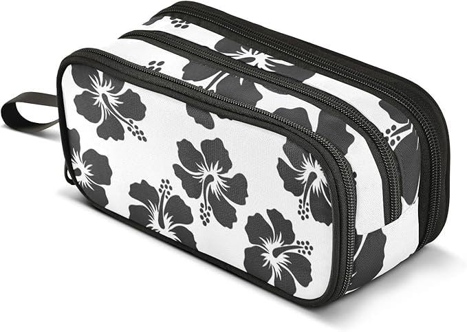 Tropical Hawaiian Hibiscus Flowers Pencil Case Box Boys Girls Large Pencil Pouch Zipper Compartments Big Capacity Stationery Pen Bag for Kids Teens Adults School
