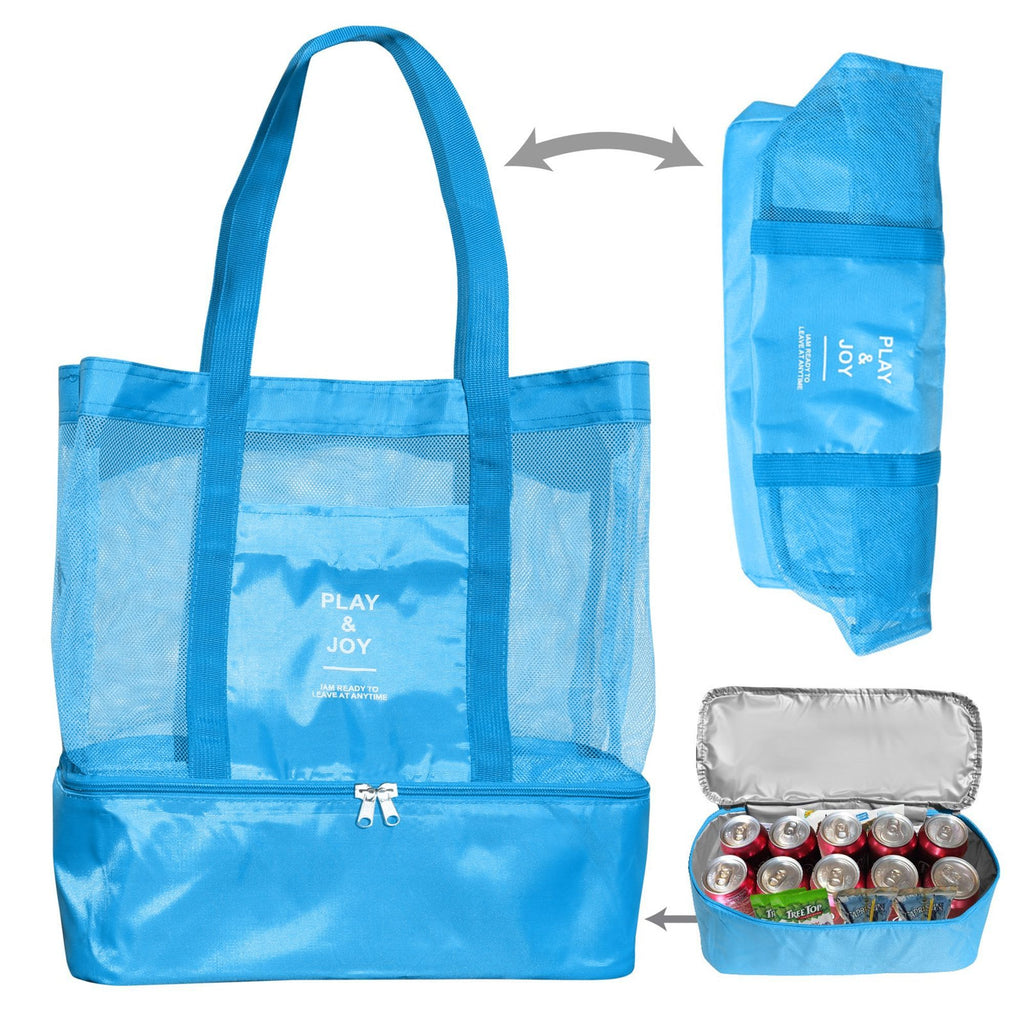 Two Tier Beach Tote Bag, Mesh Swim Bag with Insulated Cooler Compartment, Foldable Travel Tote for Swimming Picnic