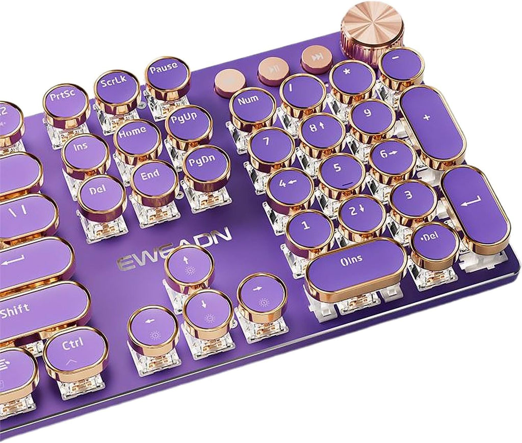 Typewriter Style Mechanical Gaming Keyboard White LED Backlit 104-Key NKRO Pink Switches Retro Round Keycaps Golden Ring Volume Knob Metal Panel Wired USB-C Detachable Cable, Purple