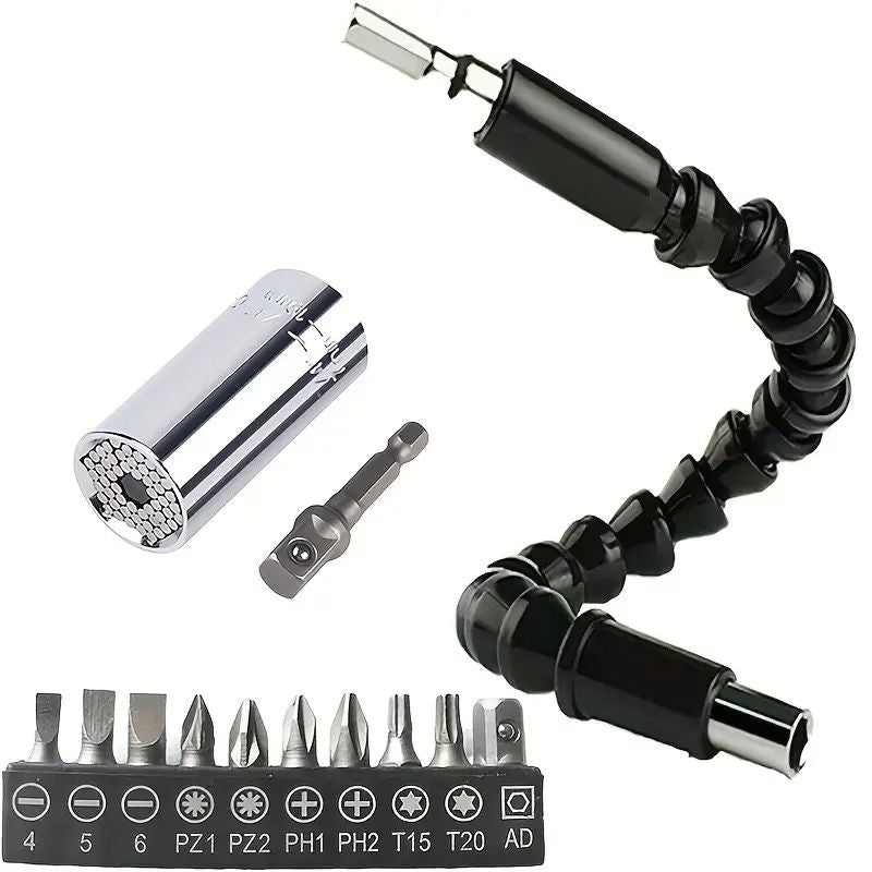 Universal Socket Wrench Self-adjusting Socket Suitable For Standard Ratchet Wrench Electric Drill Adapter 1pc 11.6-inch Flexible Drill Bit Extension Shaft With Drill Bit Set, Complete Set Of Screw Hea