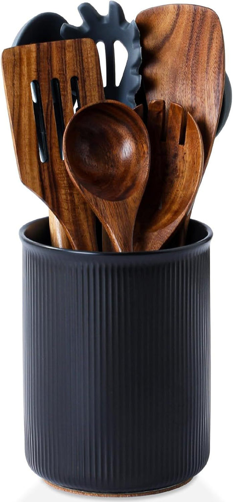 Utensil Holder, Extra Large Utensil Crock, Stable Ceramic Utensil Organizer, Cooking Tool Organizer Set for Kitchen Counter Farmhouse Décor, Matte Black
