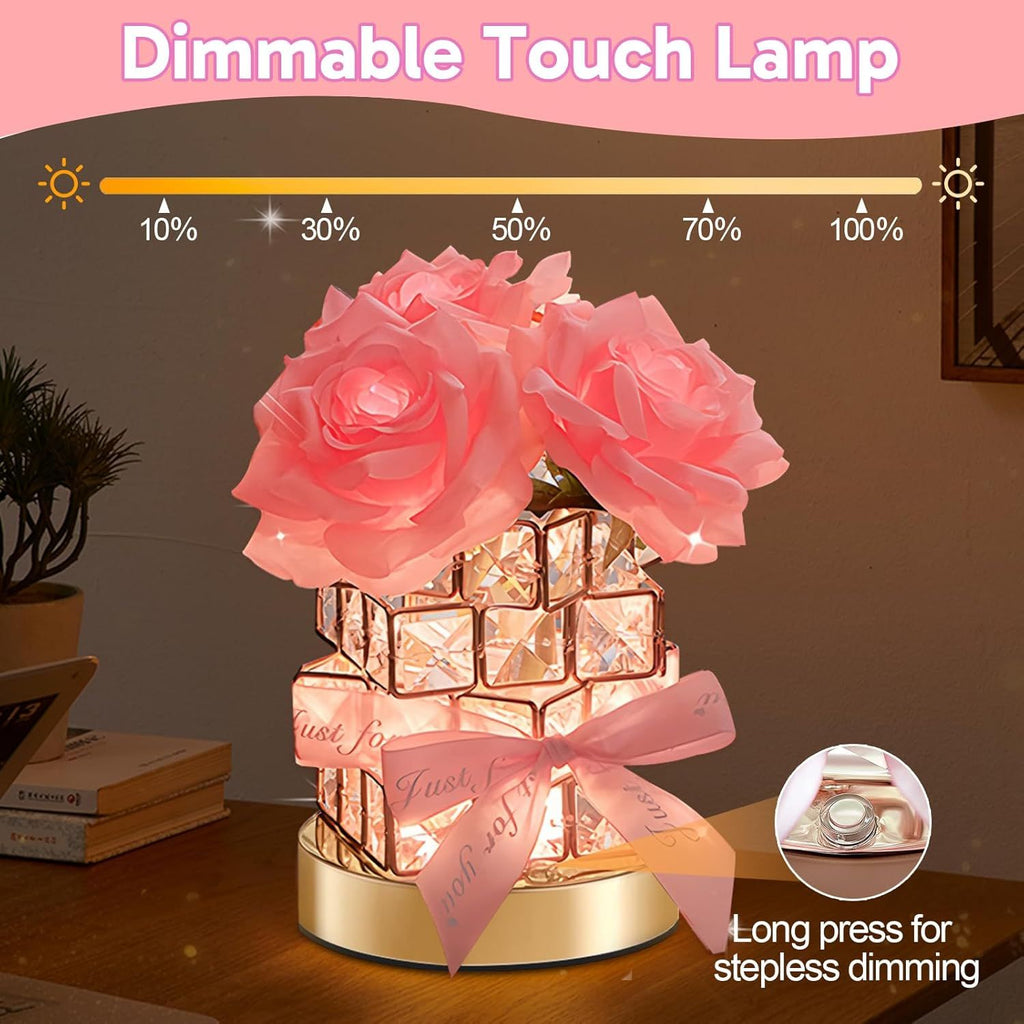 Valentine's Day Birthday Gifts for Her GF Girlfriend Wife,Flower Cordless Crystal Table Lamp,3-Colour Dimming Rechargeable Forever Rose Bedside Lamp Night Light Anniversary Decor for Women Men