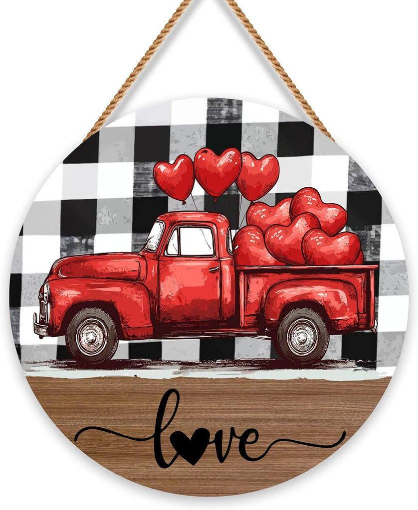 Valentines Day Door Decor,Red Truck Hearts Love Wall Decor Love Sign,Valentines Day Decor, Wooden Hanger Sign For Outdoor Home Farmhouse Wall Window Yard.(012)