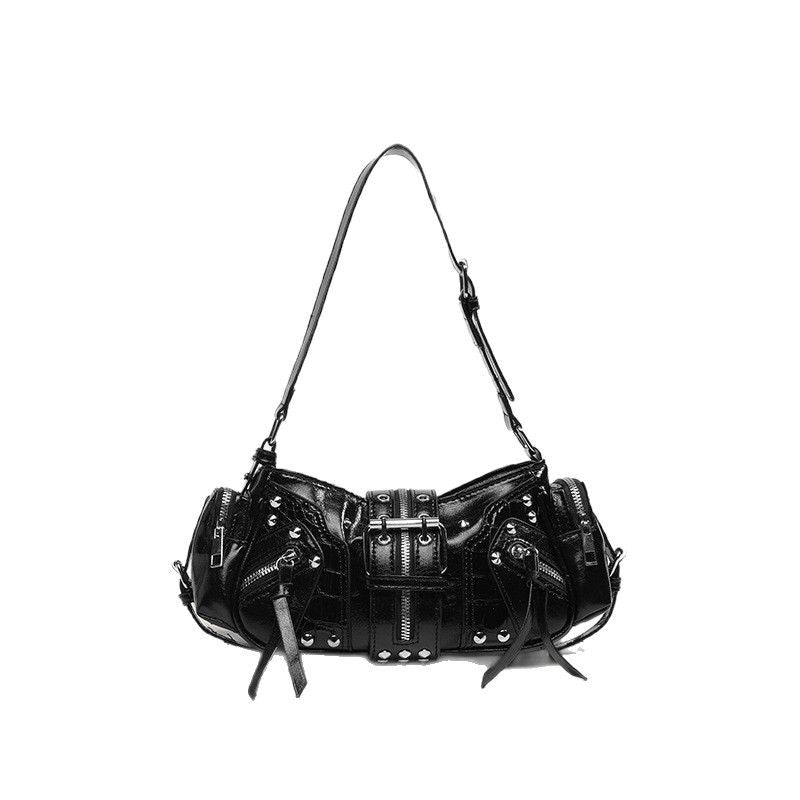 Vintage Biker Barrel Crossbody Bag, Patent Leather Multi Zipper Rivet Handbag, Y2K Goth Streetwear Small Shoulder Bag for Daily Party