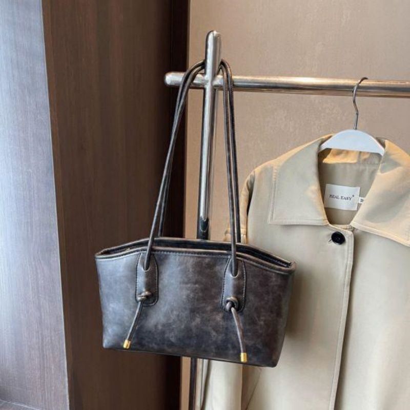 Vintage Distressed Drawstring Underarm Tote Bag, Niche Waxed Leather Commuter Shoulder Bag, Minimalist Premium Versatile Mini Handbag