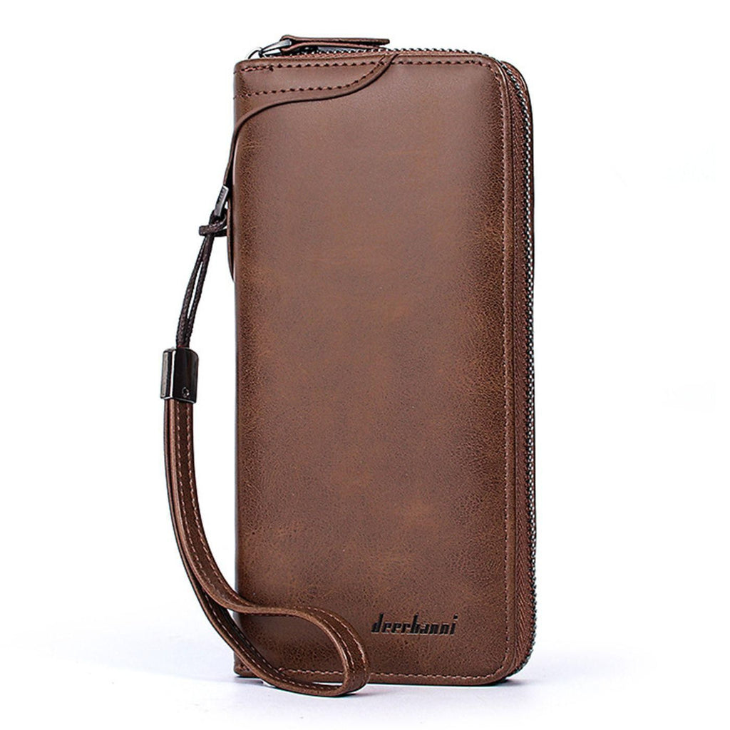 Vintage Faux Leather Long Wallet for Men, Large Capacity Zip Around Clutch Purse with Wrist Strap