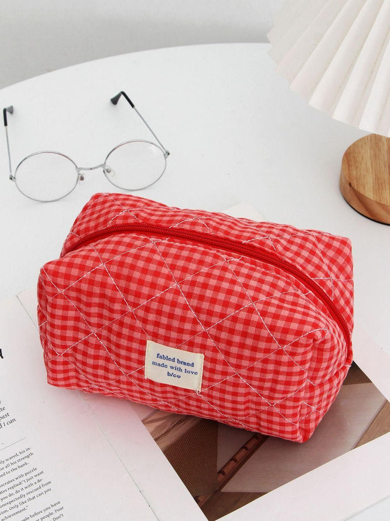 Vintage Plaid Quilted Makeup Bag, Large-Capacity Soft Cotton Skincare Organizer, Portable Travel Wash Bag