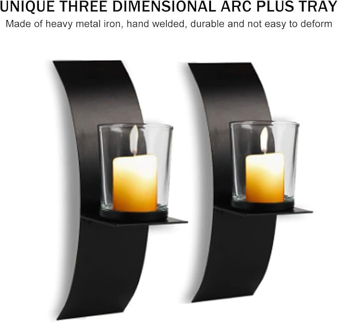 Wall Mounted Candlelder Kit Iron 3D Arc Candle Tray Wall Sconce with Glass