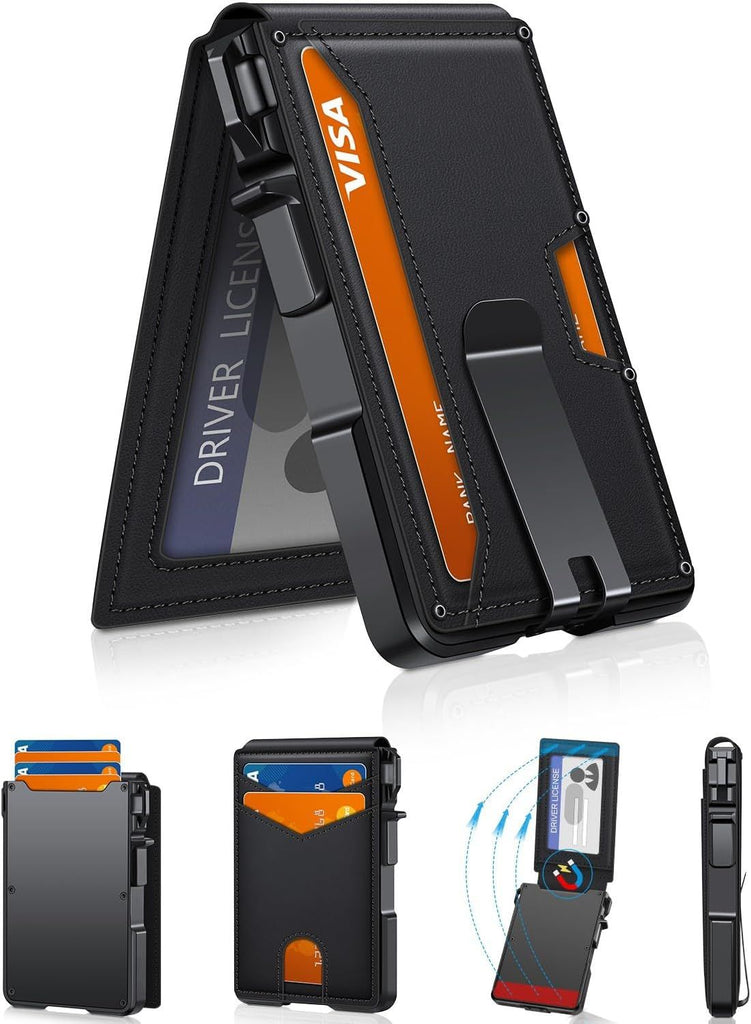 Wallet for Men, Mens Minimalist Wallet 9-13 Cards, Slim Compact Wallet with Money Clip & ID Window, RFID Blocking Smart Pop Up Card Wallet, Metal Aluminum Credit Card Holder Bifold Wallet