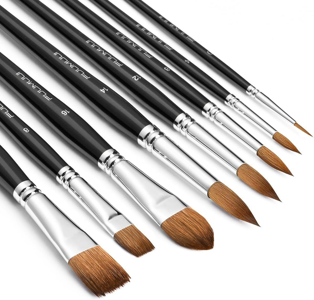 Watercolor Brushes Professional, 8Pcs Sable Paint Brush Set Variety Shapes with Flat, Round Pointed, Cat's Tongue Oval Wash Perfect for Watercolor Acrylic Gouache Inks Painting