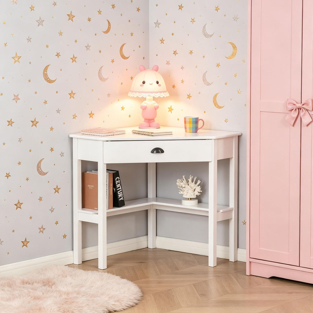 White Corner Desk Triangle Computer Desk with Drawer And Storage Shelves for Small Spaces Home Office Workstation for Living Room Bedroom