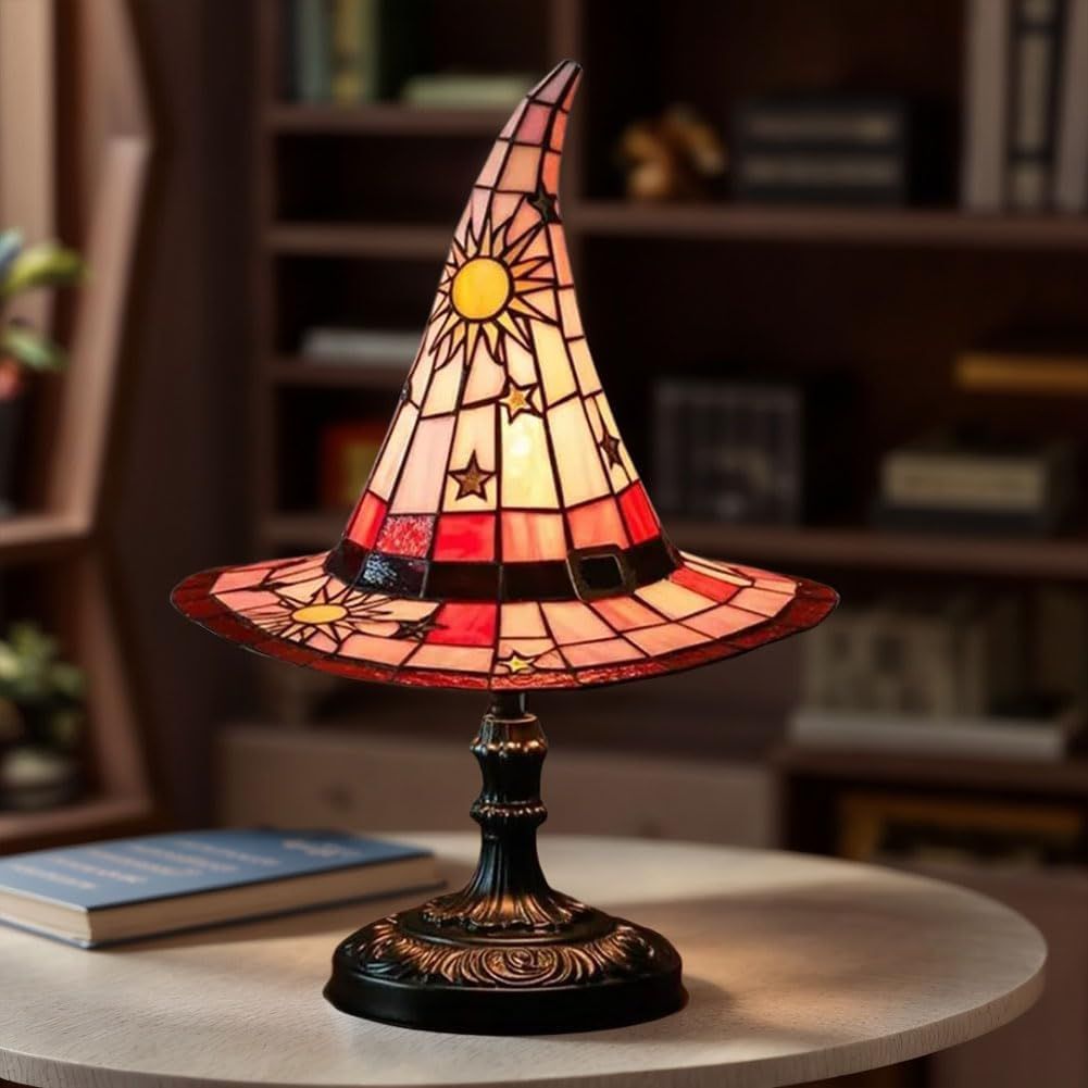 Witch Hat Lamps, Handcrafted Stained Glass Resin Wizard Hat Light Gothic Table Lamp for Halloween Decor, Spooky Night Light for Bedroom and Indoor Parties, Unique Wiccan Gift