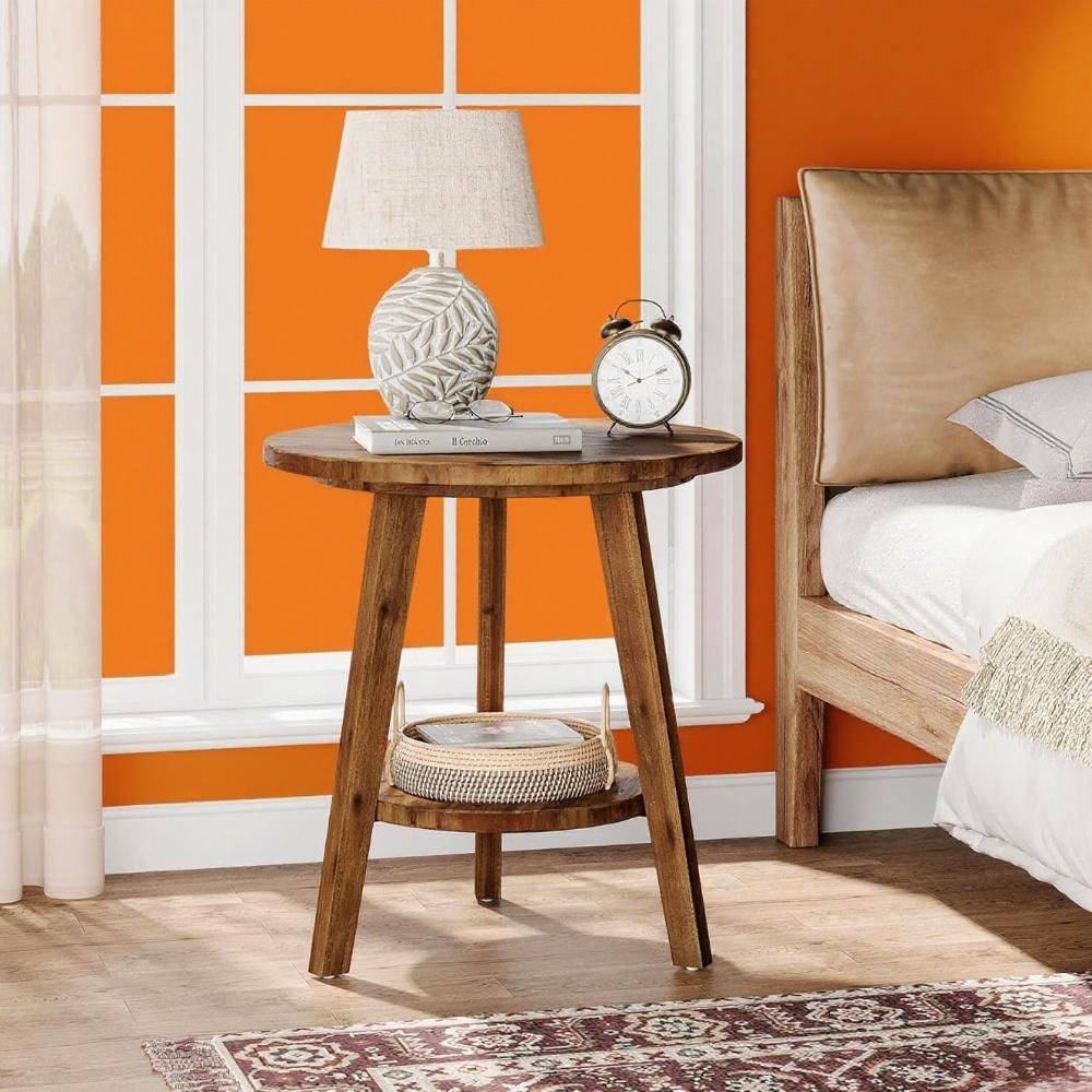 Wood Round End Table, Sofa Side Table with Storage Shelf, Farmhouse Nightstand for Living Room