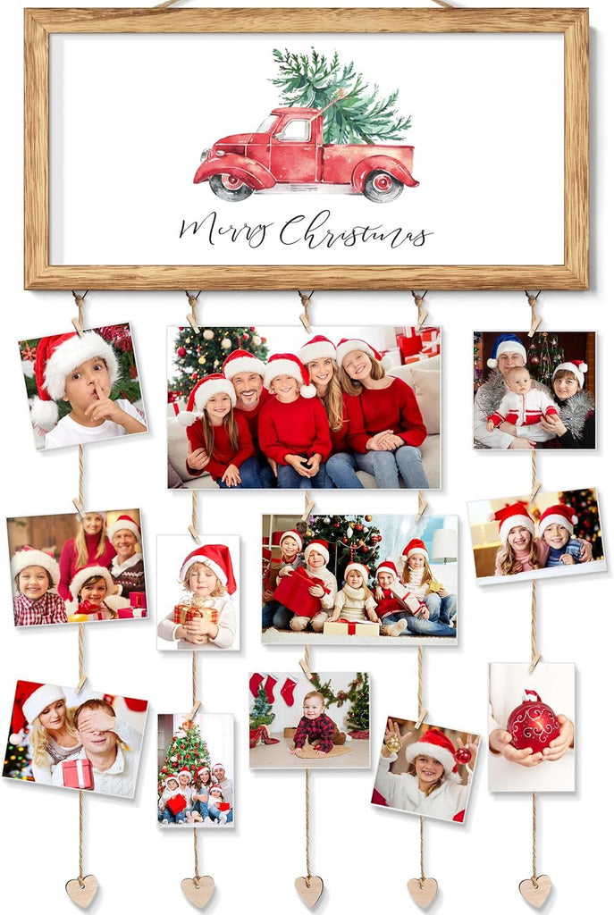 Wooden Family Christmas Card Display - Wall Hanging Sign & Photo Collage Holder for Living Room, Bedroom & Entryway