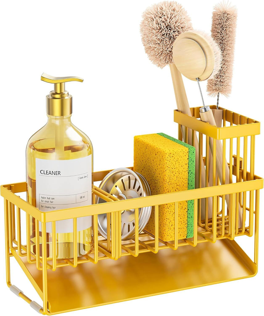 Yellow Sink Caddy Organzier with High Brush Holder, Sponge Holder for Sink, 304 Rustproof Stainless, Kitchen Countertop Soap Dispenser Organizer,Yellow Kitchen Decor and Accessories